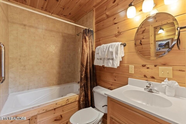 4430 Shangrila Way, Sevierville, TN 37876 - full bathroom featuring vanity, wood walls, toilet, wooden ceiling, and shower / bath combo