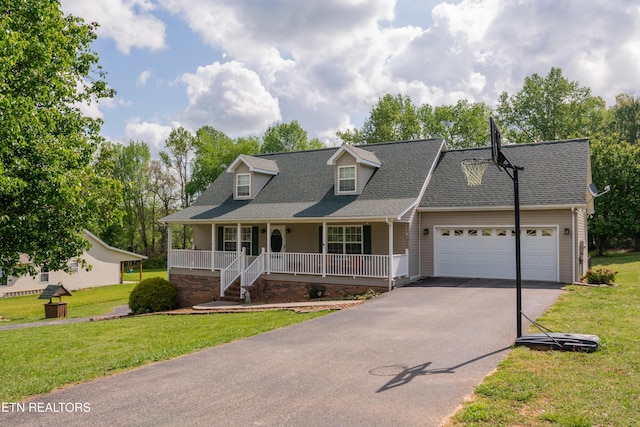 cape cod home featuring a porch, driveway, a garage, a front lawn, and a shingled roof