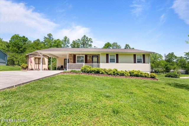 ranch-style home with a carport, a porch, driveway, and a front yard