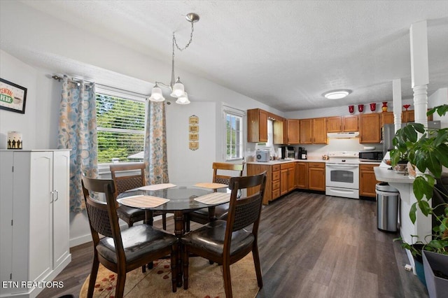 dining space featuring an inviting chandelier, dark wood-style flooring, a textured ceiling, and a wealth of natural light