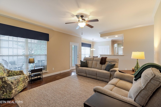 1827 Autumn Bluff Rd, Knoxville, TN 37932 - living room with wood finished floors, a ceiling fan, ornamental molding, baseboards, and recessed lighting
