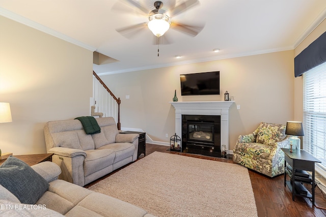 1827 Autumn Bluff Rd, Knoxville, TN 37932 - living area featuring ceiling fan, dark wood-style flooring, ornamental molding, stairway, and a fireplace with flush hearth