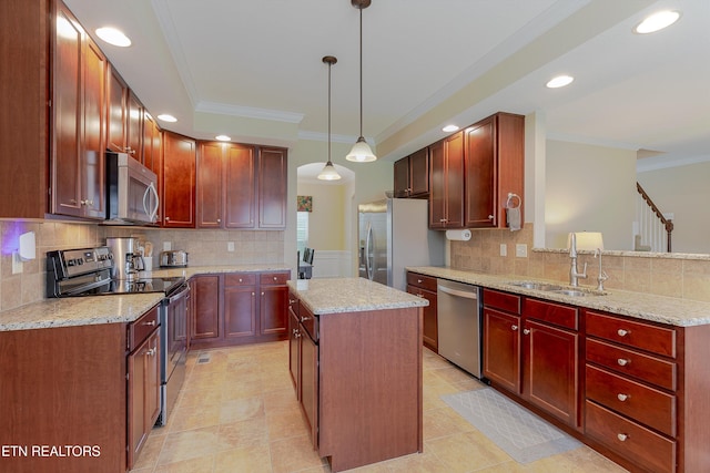 1827 Autumn Bluff Rd, Knoxville, TN 37932 - kitchen with appliances with stainless steel finishes, crown molding, recessed lighting, decorative backsplash, and a sink