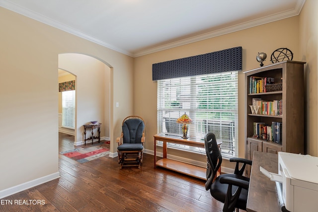 1827 Autumn Bluff Rd, Knoxville, TN 37932 - sitting room featuring arched walkways, crown molding, dark wood-type flooring, plenty of natural light, and baseboards