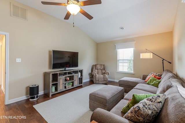 1827 Autumn Bluff Rd, Knoxville, TN 37932 - living area featuring dark wood-type flooring, vaulted ceiling, ceiling fan, and baseboards