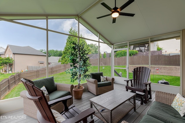1827 Autumn Bluff Rd, Knoxville, TN 37932 - sunroom / solarium featuring an outdoor hangout area, a ceiling fan, healthy amount of natural light, and lofted ceiling