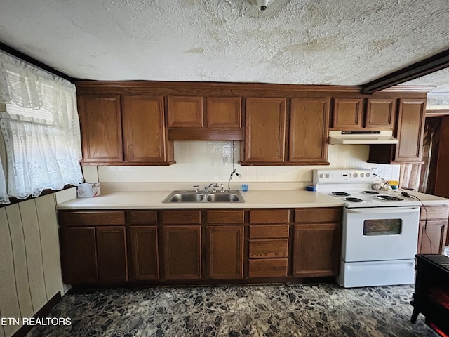 3510 Briceville Hwy, Briceville, TN 37710 - kitchen featuring a sink, light countertops, white range with electric cooktop, and under cabinet range hood