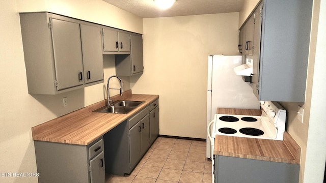 7003 Old Clinton Pike, Knoxville, TN 37921 - kitchen featuring a sink, range hood, gray cabinets, and white range with electric stovetop