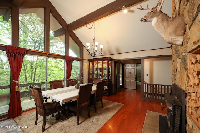 dining room featuring high vaulted ceiling, a notable chandelier, beam ceiling, and wood finished floors