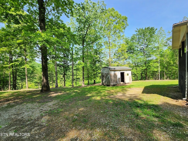 view of yard with an outdoor structure and a shed