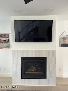 room details featuring wood finished floors, baseboards, and a fireplace