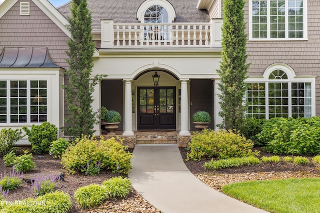 5315 Bent River Blvd, Knoxville, TN 37919 - view of exterior entry featuring french doors, a balcony, roof with shingles, and covered porch