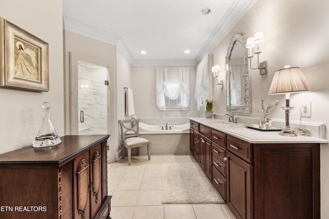 5315 Bent River Blvd, Knoxville, TN 37919 - full bath with a garden tub, vanity, ornamental molding, tile patterned flooring, and a stall shower