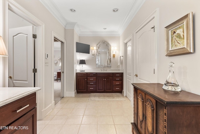5315 Bent River Blvd, Knoxville, TN 37919 - bathroom featuring vanity, baseboards, crown molding, and tile patterned flooring