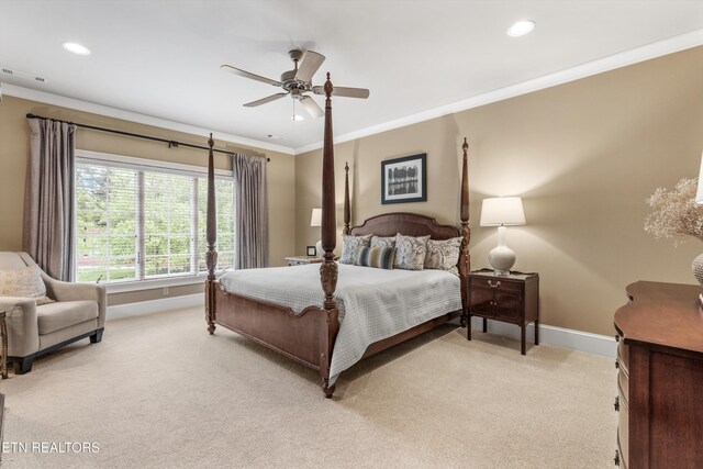 5315 Bent River Blvd, Knoxville, TN 37919 - bedroom with crown molding, baseboards, light carpet, recessed lighting, and a ceiling fan