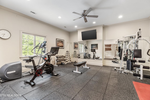 5315 Bent River Blvd, Knoxville, TN 37919 - workout room with crown molding, ceiling fan, recessed lighting, and baseboards
