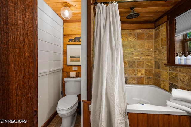 full bathroom with a combined bath / shower with jetted tub, toilet, and wood ceiling