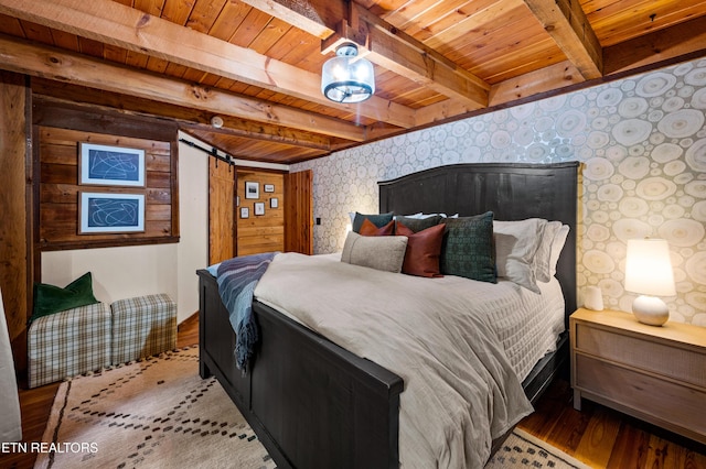 bedroom with beam ceiling, wood ceiling, wallpapered walls, and wood finished floors