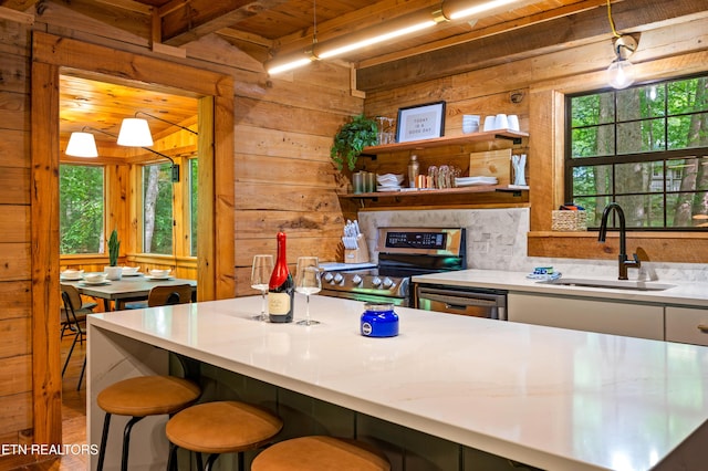 kitchen featuring wood ceiling, a sink, beam ceiling, stainless steel appliances, and wooden walls