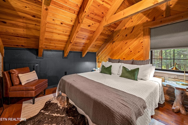 bedroom featuring wooden ceiling, wooden walls, hardwood / wood-style floors, and vaulted ceiling with beams
