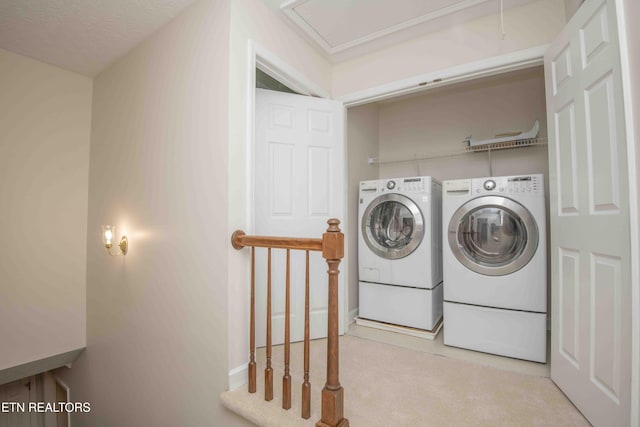 clothes washing area with independent washer and dryer, laundry area, carpet floors, and attic access