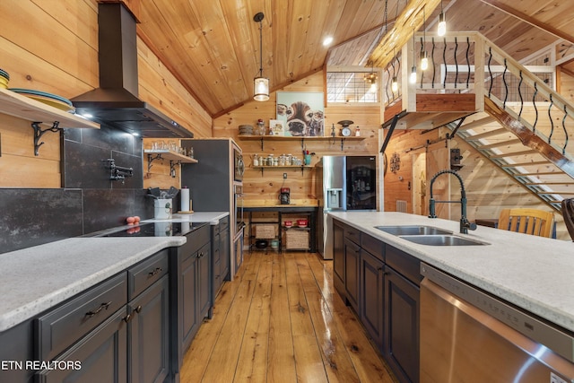 487 Fish Hatchery Rd, Sweetwater, TN 37874 - kitchen with appliances with stainless steel finishes, a sink, wood ceiling, vaulted ceiling, and range hood