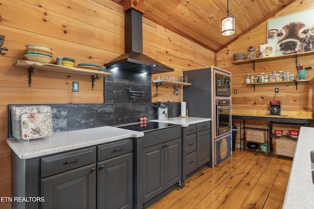 487 Fish Hatchery Rd, Sweetwater, TN 37874 - kitchen featuring open shelves, wood ceiling, island range hood, stainless steel appliances, and lofted ceiling