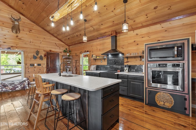 487 Fish Hatchery Rd, Sweetwater, TN 37874 - kitchen featuring appliances with stainless steel finishes, a sink, ventilation hood, lofted ceiling, and wood-type flooring