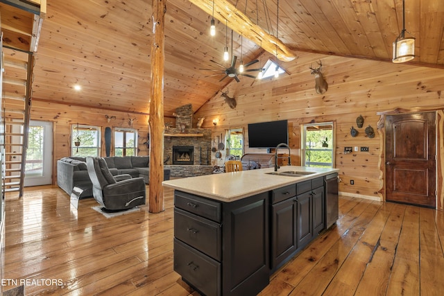 487 Fish Hatchery Rd, Sweetwater, TN 37874 - kitchen featuring a sink, stainless steel dishwasher, light wood-type flooring, wooden walls, and healthy amount of natural light