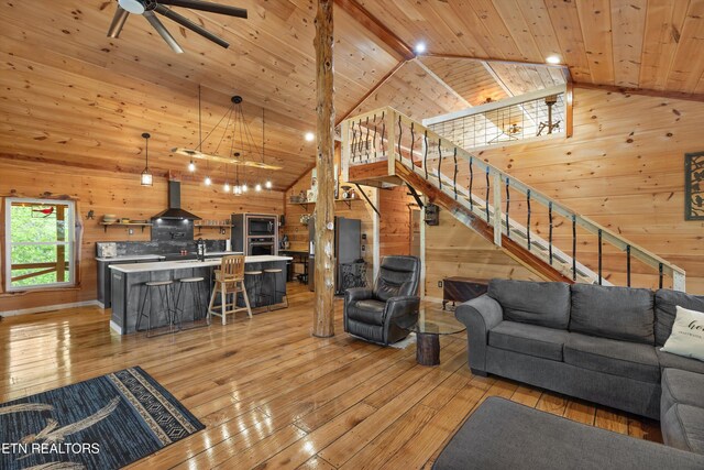 487 Fish Hatchery Rd, Sweetwater, TN 37874 - living room featuring wood walls, wood ceiling, light wood-type flooring, a ceiling fan, and high vaulted ceiling