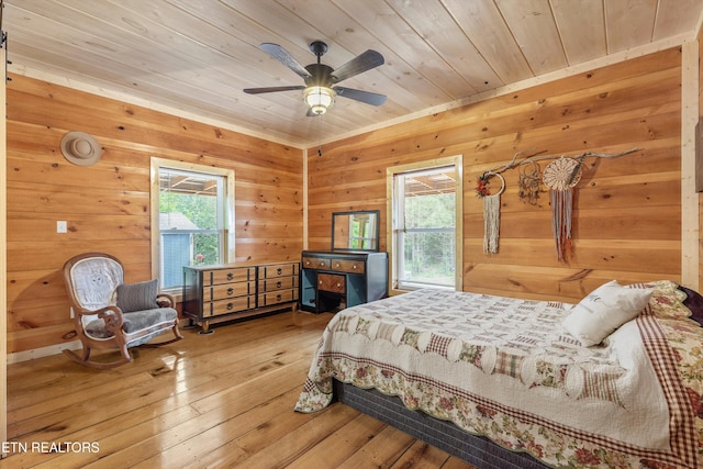487 Fish Hatchery Rd, Sweetwater, TN 37874 - bedroom with wooden ceiling, hardwood / wood-style floors, wooden walls, and a ceiling fan