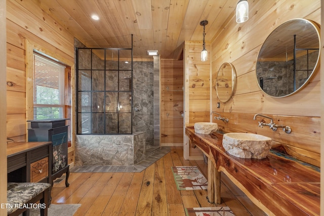 487 Fish Hatchery Rd, Sweetwater, TN 37874 - full bath featuring wood ceiling, wood walls, wood-type flooring, walk in shower, and double vanity