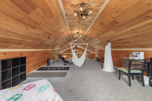 487 Fish Hatchery Rd, Sweetwater, TN 37874 - unfurnished bedroom with wooden walls, carpet flooring, lofted ceiling, wooden ceiling, and a chandelier