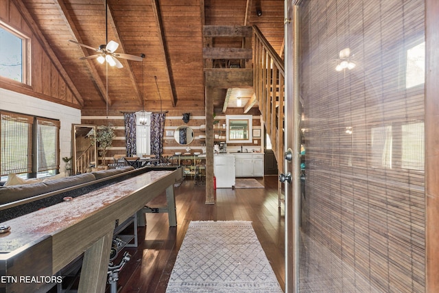 game room featuring wooden walls, wooden ceiling, a wealth of natural light, and dark wood-type flooring