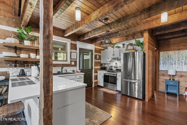 kitchen featuring beamed ceiling, wooden walls, wood ceiling, a sink, and appliances with stainless steel finishes