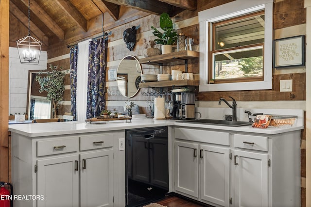 bar featuring beam ceiling, a sink, dishwasher, a chandelier, and wood ceiling