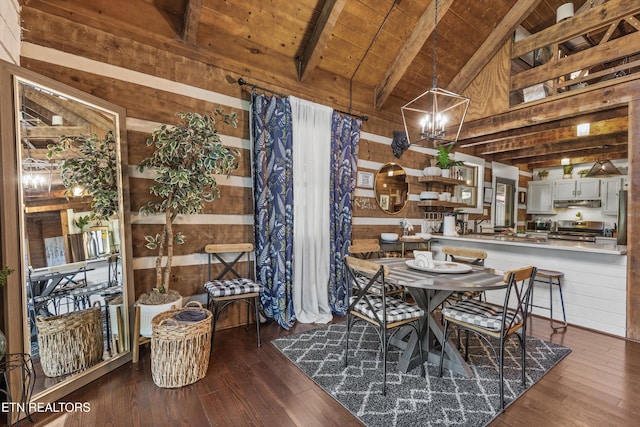 dining space with vaulted ceiling with beams, wood walls, wood ceiling, and an inviting chandelier