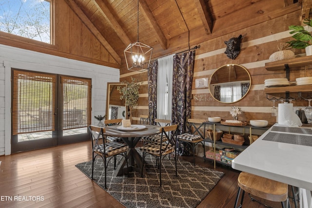 dining space featuring wooden walls, high vaulted ceiling, hardwood / wood-style floors, wooden ceiling, and beamed ceiling
