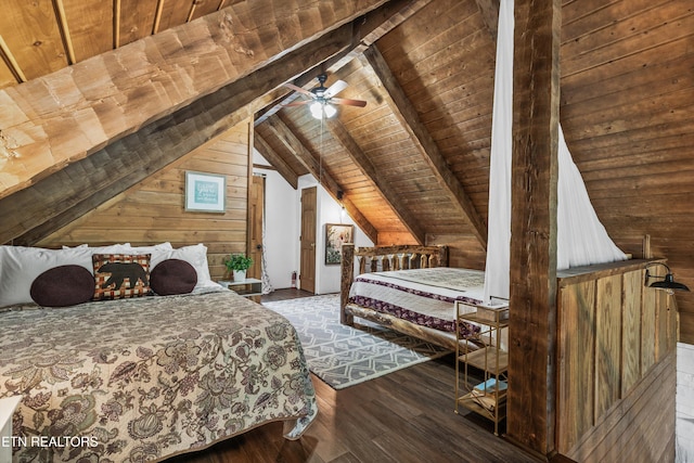 bedroom with lofted ceiling with beams, wood finished floors, wooden walls, and wooden ceiling