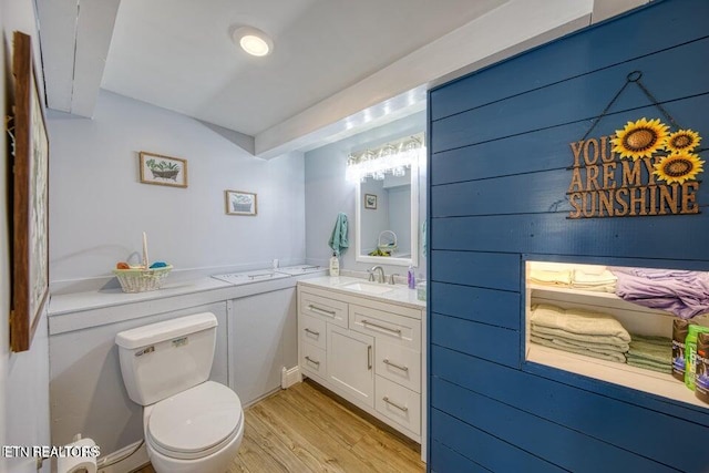 bathroom featuring vanity, wood finished floors, and toilet
