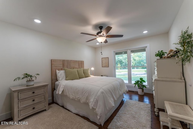 bedroom with recessed lighting, ceiling fan, and wood finished floors