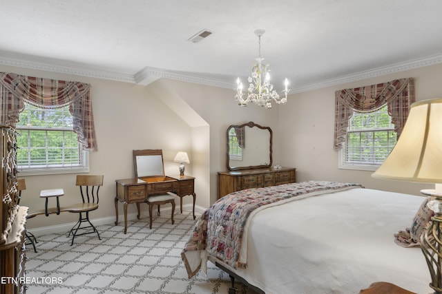 145 Lynn Ave, Jellico, TN 37762 - carpeted bedroom featuring crown molding, multiple windows, a notable chandelier, and visible vents