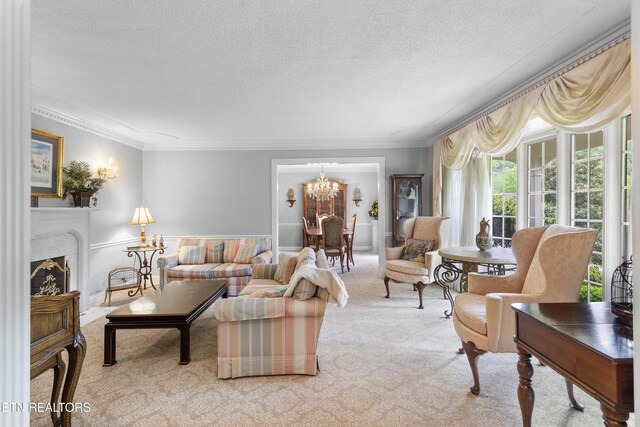 145 Lynn Ave, Jellico, TN 37762 - carpeted living area featuring an inviting chandelier, a textured ceiling, and crown molding