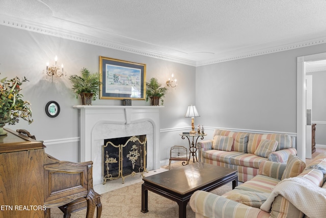 145 Lynn Ave, Jellico, TN 37762 - living area with a high end fireplace, crown molding, light carpet, and a textured ceiling