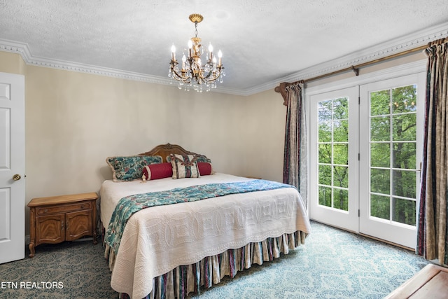 145 Lynn Ave, Jellico, TN 37762 - bedroom featuring access to outside, ornamental molding, a textured ceiling, and an inviting chandelier