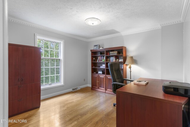 145 Lynn Ave, Jellico, TN 37762 - office space with crown molding, a textured ceiling, visible vents, and wood finished floors