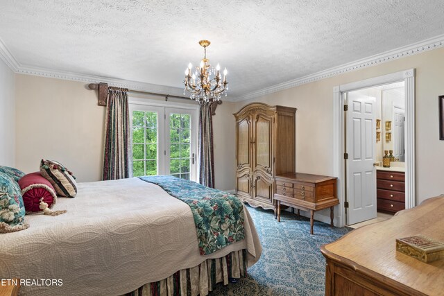145 Lynn Ave, Jellico, TN 37762 - bedroom with an inviting chandelier, ornamental molding, a textured ceiling, and carpet