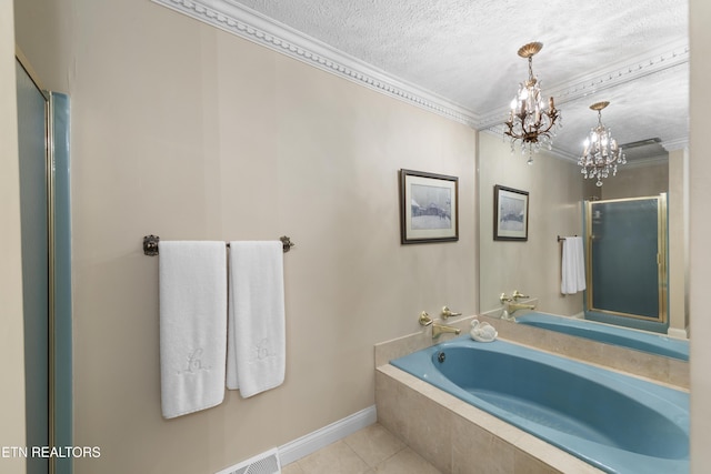 145 Lynn Ave, Jellico, TN 37762 - full bath featuring ornamental molding, a textured ceiling, tile patterned floors, a shower stall, and a notable chandelier