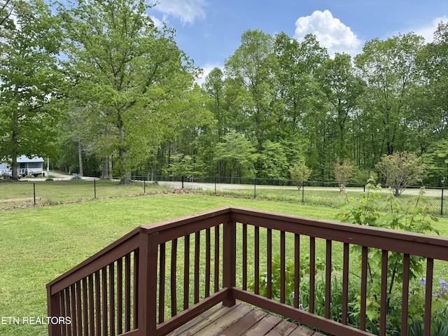 deck featuring a lawn and a fenced backyard