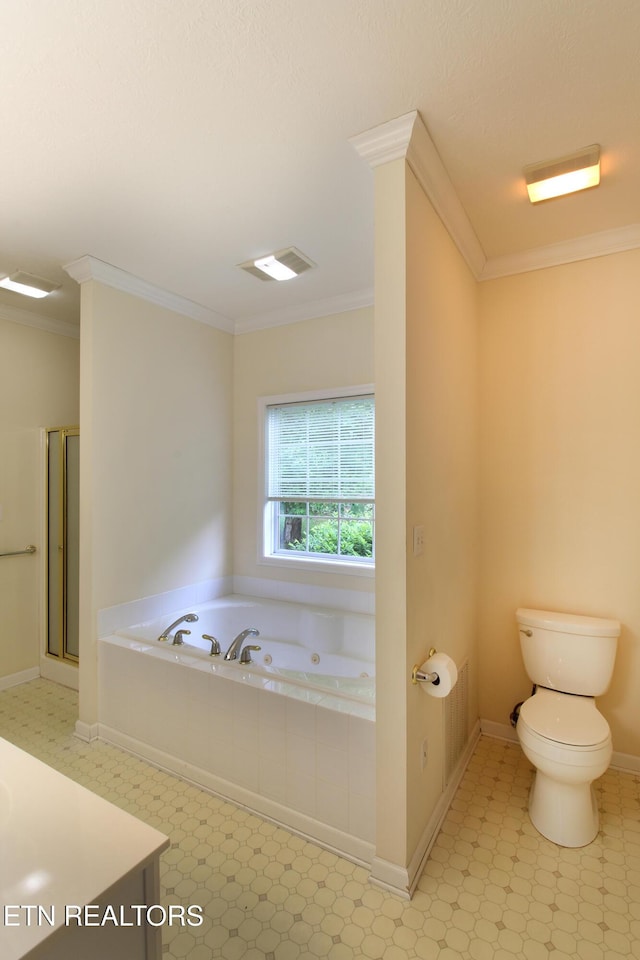 13177 Clear Ridge Rd, Knoxville, TN 37922 - bathroom with crown molding, a stall shower, a tub with jets, toilet, and tile patterned floors